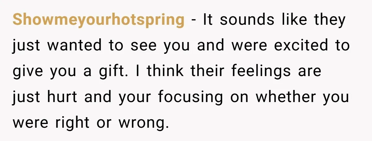 Showmeyourhotspring − It sounds like they just wanted to see you and were excited to give you a gift. I think their feelings are just hurt and your focusing on...