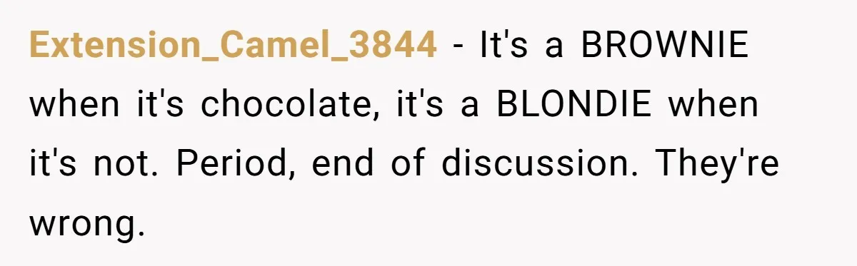Extension_Camel_3844 − It's a BROWNIE when it's chocolate, it's a BLONDIE when it's not. Period, end of discussion. They're wrong.
