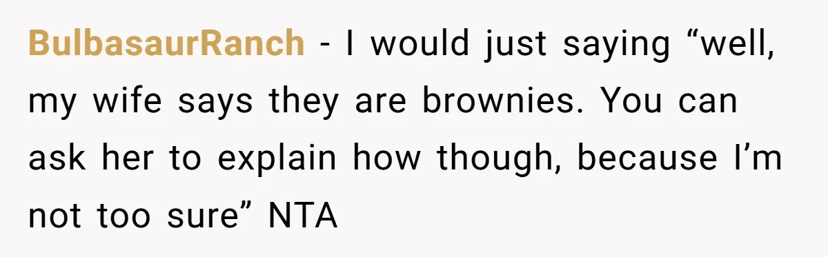 BulbasaurRanch − I would just saying “well, my wife says they are brownies. You can ask her to explain how though, because I’m not too sure” NTA