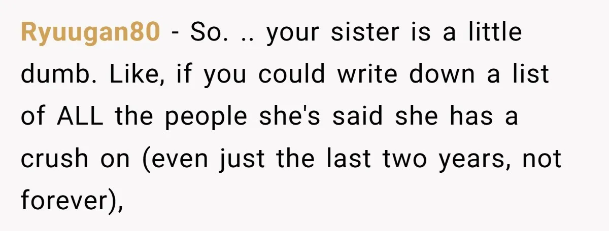 Ryuugan80 − So. .. your sister is a little dumb. Like, if you could write down a list of ALL the people she's said she has a crush on (even...