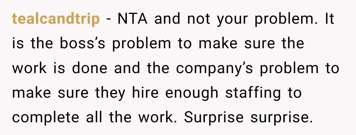 tealcandtrip − NTA and not your problem. It is the boss’s problem to make sure the work is done and the company’s problem to make sure they hire enough staffing...