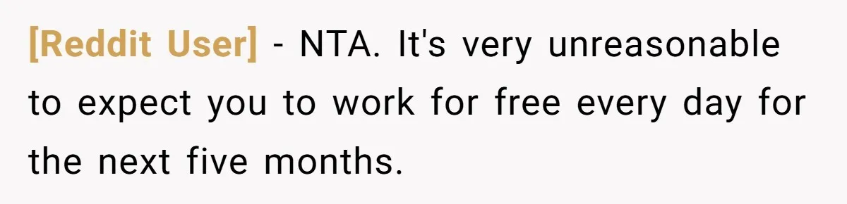 [Reddit User] − NTA. It's very unreasonable to expect you to work for free every day for the next five months.