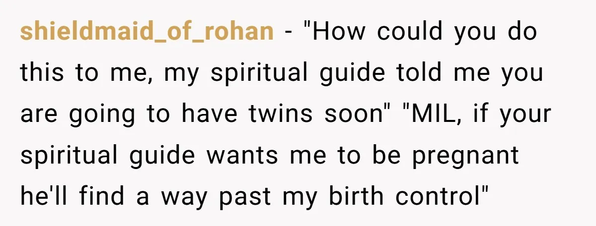 shieldmaid_of_rohan − "How could you do this to me, my spiritual guide told me you are going to have twins soon" "MIL, if your spiritual guide wants me to be...