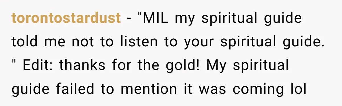 torontostardust − "MIL my spiritual guide told me not to listen to your spiritual guide. " Edit: thanks for the gold! My spiritual guide failed to mention it was coming...