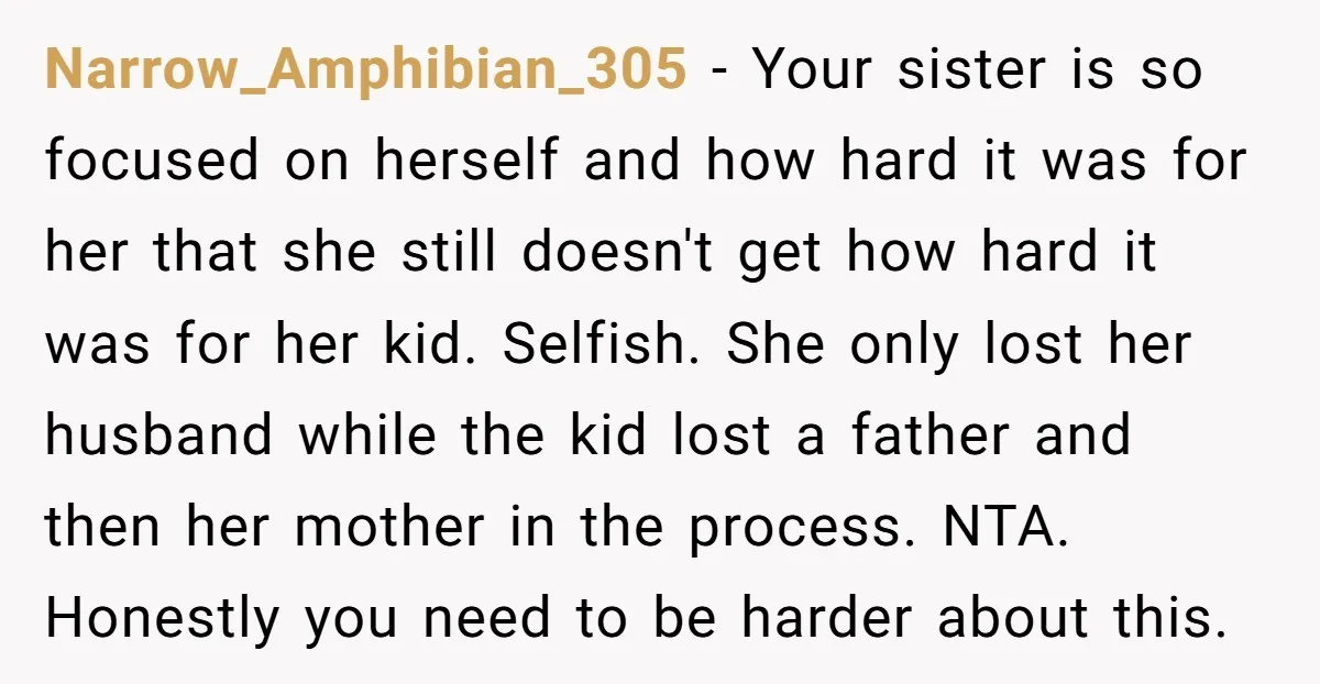 Narrow_Amphibian_305 - Your sister is so focused on herself and how hard it was for her that she still doesn't get how hard it was for her kid. Selfish. She...