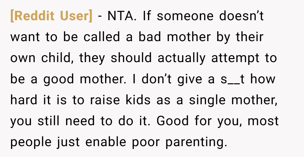 [Reddit User] - NTA. If someone doesn’t want to be called a bad mother by their own child, they should actually attempt to be a good mother. I don’t give...