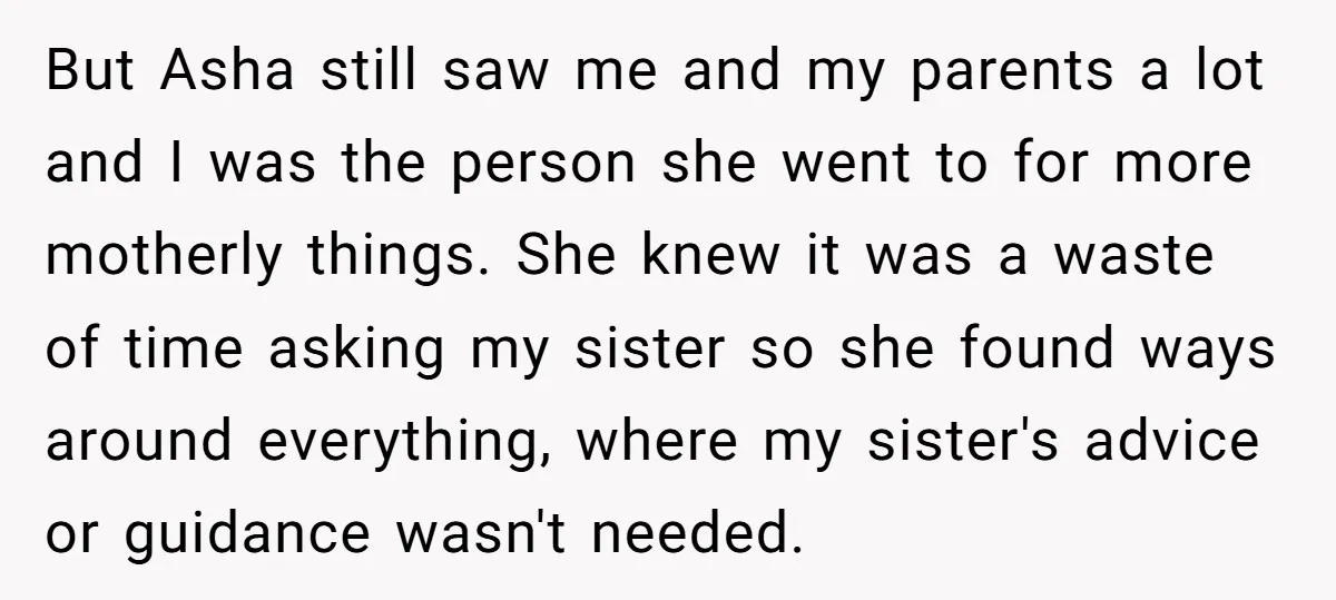 But Asha still saw me and my parents a lot and I was the person she went to for more motherly things. She knew it was a waste of time...
