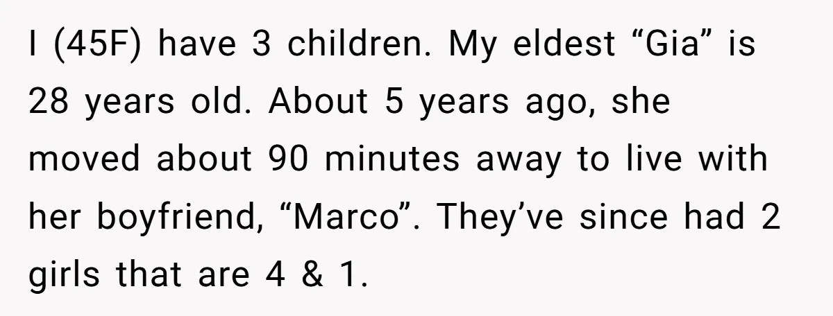 I (45F) have 3 children. My eldest “Gia” is 28 years old. About 5 years ago, she moved about 90 minutes away to live with her boyfriend, “Marco”. They’ve since...