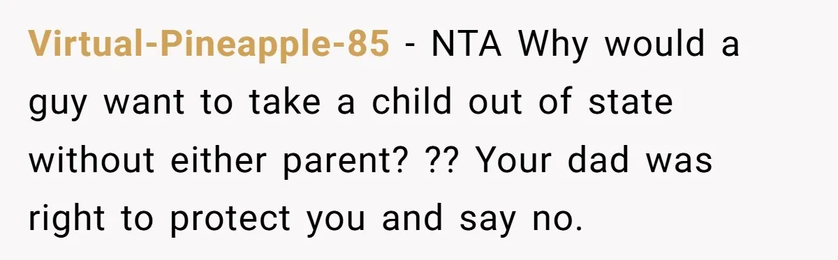 Virtual-Pineapple-85 − NTA Why would a guy want to take a child out of state without either parent? ?? Your dad was right to protect you and say no.