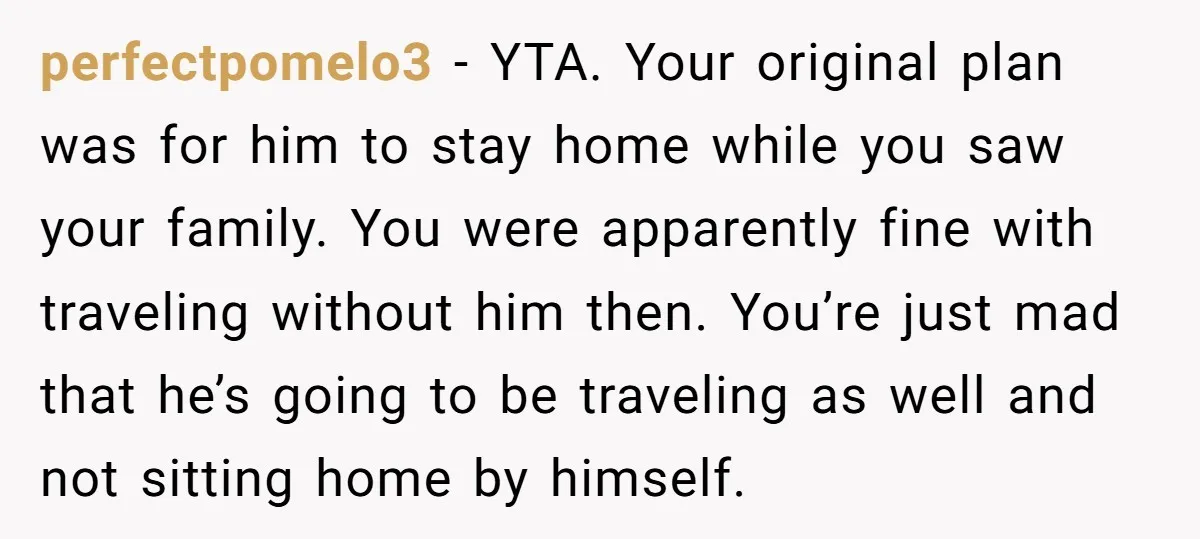 perfectpomelo3 − YTA. Your original plan was for him to stay home while you saw your family. You were apparently fine with traveling without him then. You’re just mad that...
