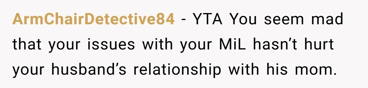 ArmChairDetective84 − YTA You seem mad that your issues with your MiL hasn’t hurt your husband’s relationship with his mom.
