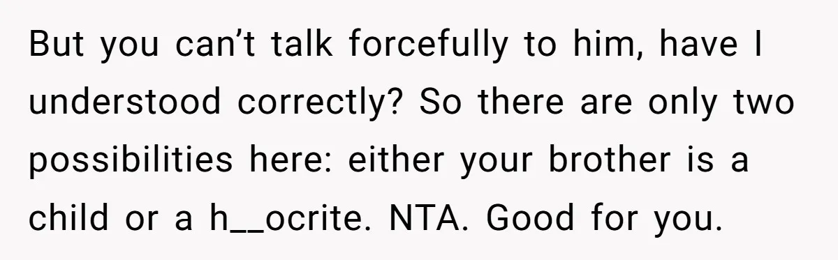But you can’t talk forcefully to him, have I understood correctly? So there are only two possibilities here: either your brother is a child or a h__ocrite. NTA. Good for...