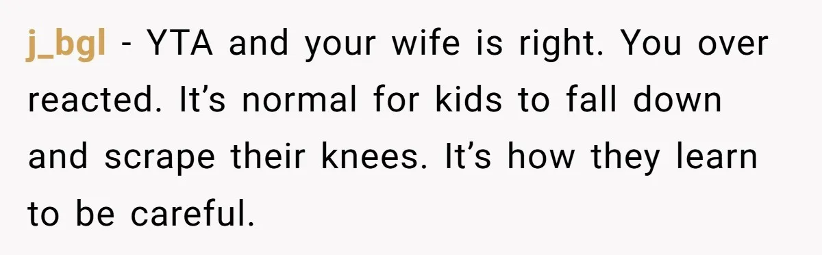 j_bgl − YTA and your wife is right. You over reacted. It’s normal for kids to fall down and scrape their knees. It’s how they learn to be careful.