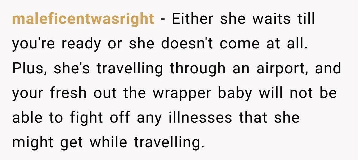 maleficentwasright − Either she waits till you're ready or she doesn't come at all. Plus, she's travelling through an airport, and your fresh out the wrapper baby will not be...