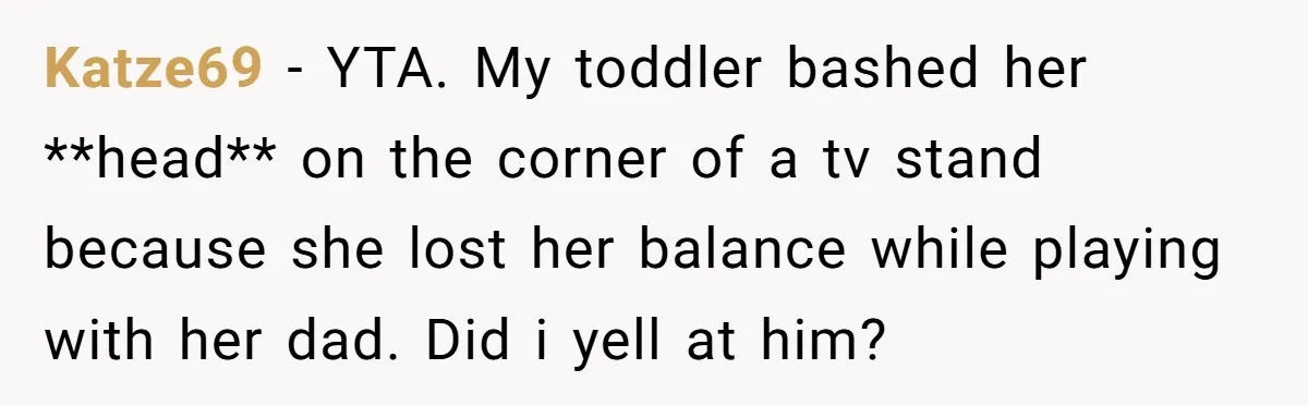 Katze69 − YTA. My toddler bashed her **head** on the corner of a tv stand because she lost her balance while playing with her dad. Did i yell at him?