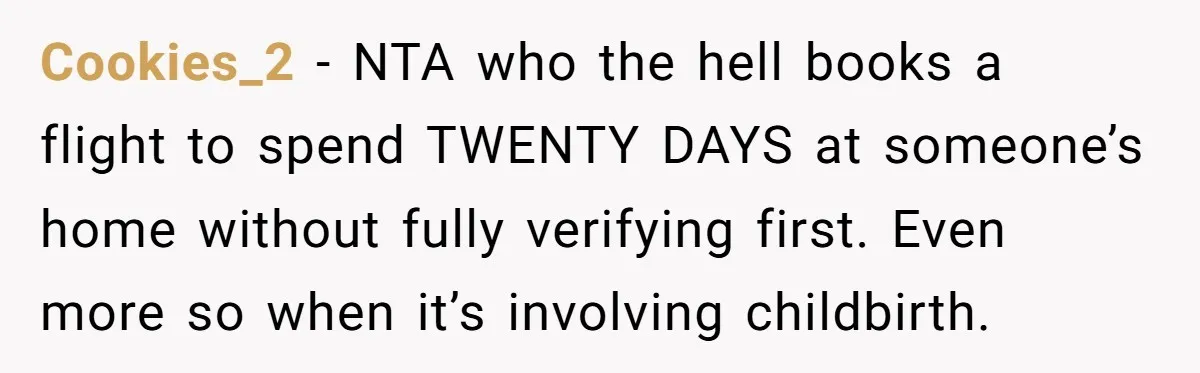 Cookies_2 − NTA who the hell books a flight to spend TWENTY DAYS at someone’s home without fully verifying first. Even more so when it’s involving childbirth.
