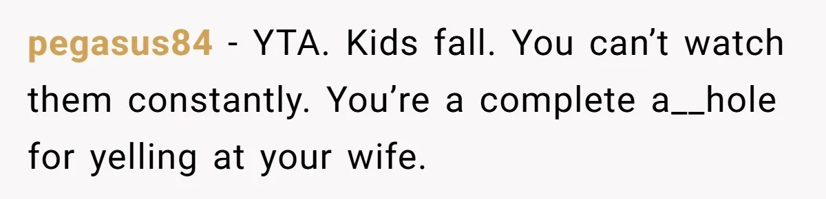 pegasus84 − YTA. Kids fall. You can’t watch them constantly. You’re a complete a__hole for yelling at your wife.