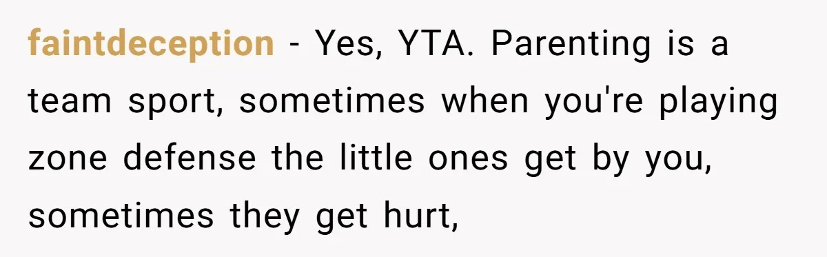 faintdeception − Yes, YTA. Parenting is a team sport, sometimes when you're playing zone defense the little ones get by you, sometimes they get hurt,