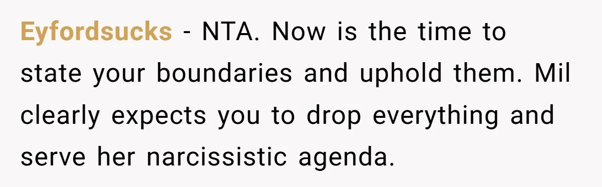 Eyfordsucks − NTA. Now is the time to state your boundaries and uphold them. Mil clearly expects you to drop everything and serve her narcissistic agenda.