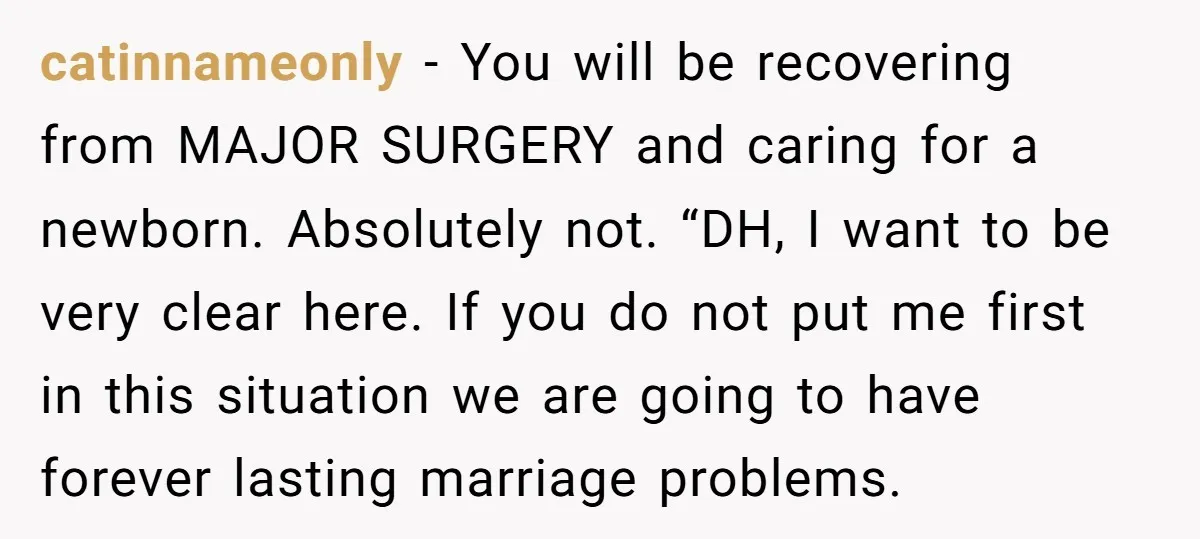 catinnameonly − You will be recovering from MAJOR SURGERY and caring for a newborn. Absolutely not. “DH, I want to be very clear here. If you do not put me...