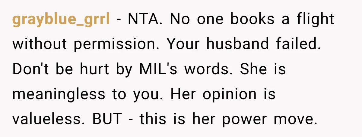grayblue_grrl − NTA. No one books a flight without permission. Your husband failed. Don't be hurt by MIL's words. She is meaningless to you. Her opinion is valueless. BUT -...