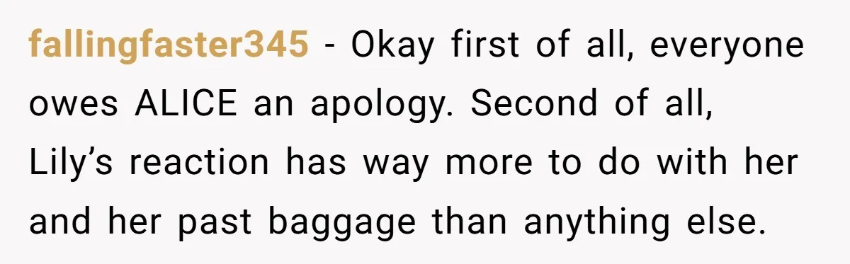 fallingfaster345 − Okay first of all, everyone owes ALICE an apology. Second of all, Lily’s reaction has way more to do with her and her past baggage than anything else.