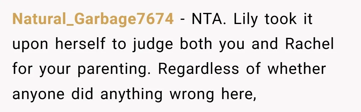 Natural_Garbage7674 − NTA. Lily took it upon herself to judge both you and Rachel for your parenting. Regardless of whether anyone did anything wrong here,