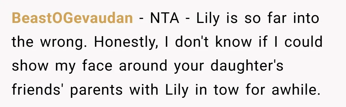 BeastOGevaudan − NTA - Lily is so far into the wrong. Honestly, I don't know if I could show my face around your daughter's friends' parents with Lily in tow...