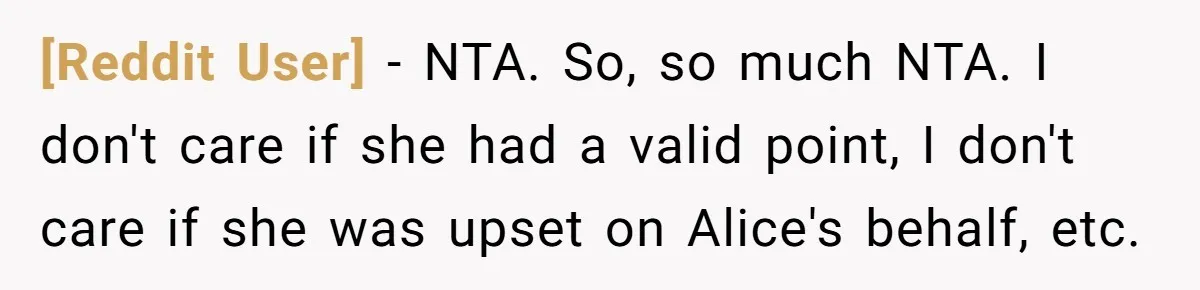 [Reddit User] − NTA. So, so much NTA. I don't care if she had a valid point, I don't care if she was upset on Alice's behalf, etc.
