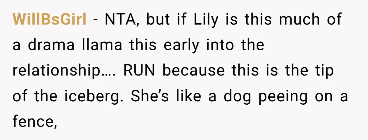 WillBsGirl − NTA, but if Lily is this much of a drama llama this early into the relationship…. RUN because this is the tip of the iceberg. She’s like a...