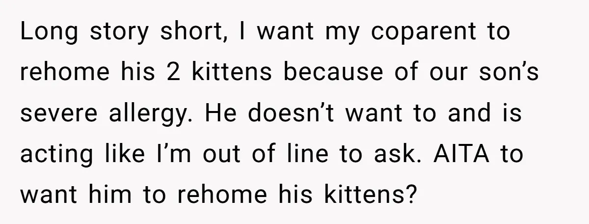 Long story short, I want my coparent to rehome his 2 kittens because of our son’s severe allergy. He doesn’t want to and is acting like I’m out of line...