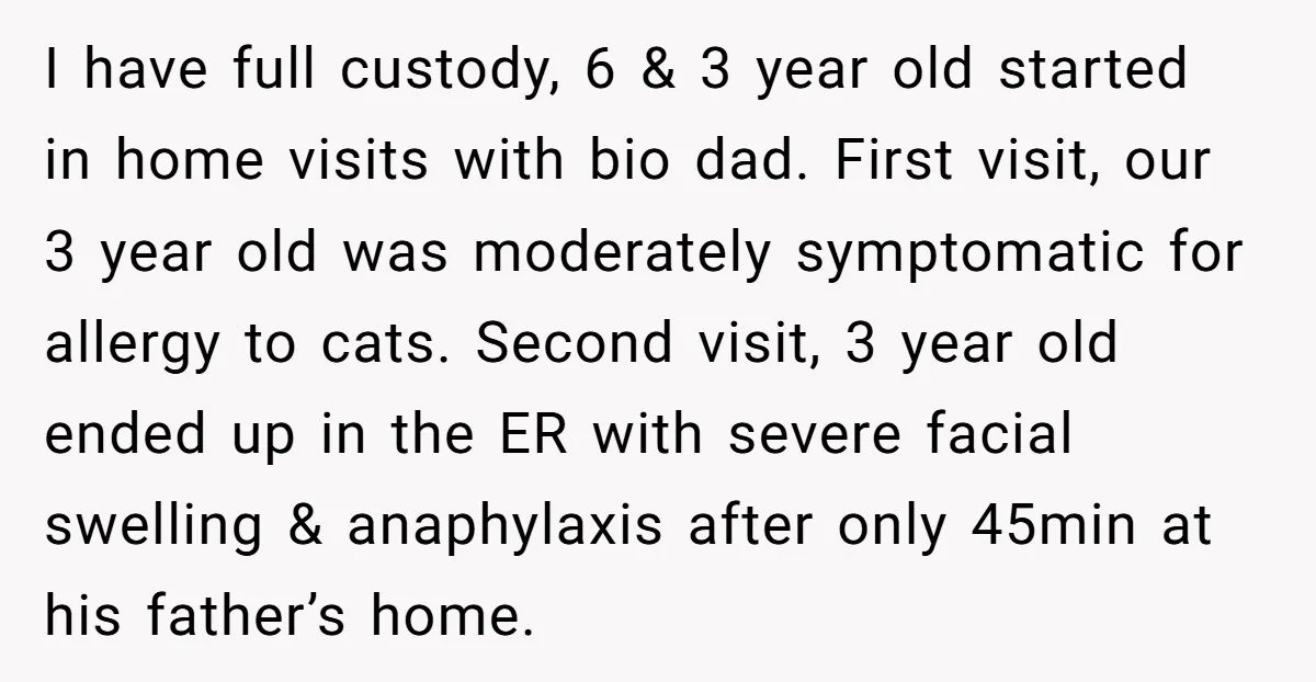I have full custody, 6 & 3 year old started in home visits with bio dad. First visit, our 3 year old was moderately symptomatic for allergy to cats. Second...