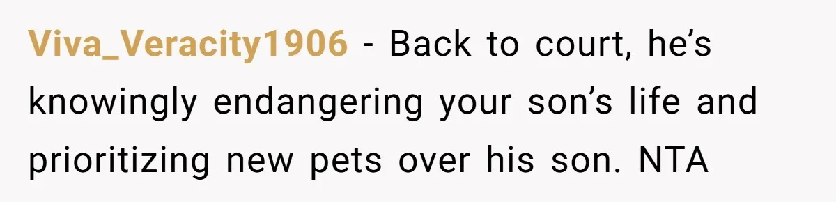 Viva_Veracity1906 − Back to court, he’s knowingly endangering your son’s life and prioritizing new pets over his son. NTA