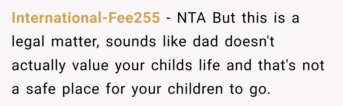 International-Fee255 − NTA But this is a legal matter, sounds like dad doesn't actually value your childs life and that's not a safe place for your children to go.