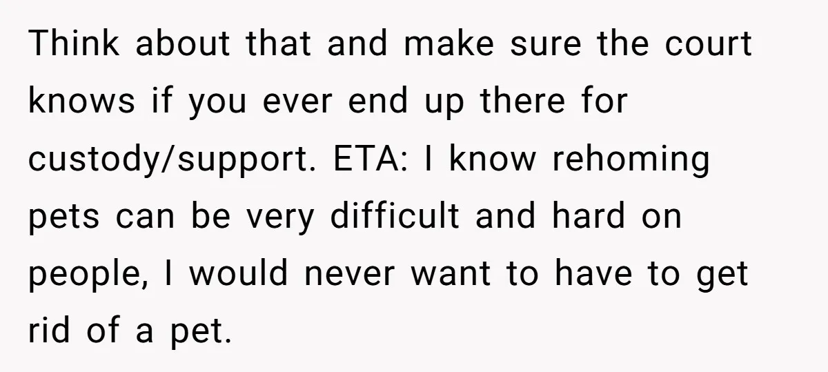 Think about that and make sure the court knows if you ever end up there for custody/support. ETA: I know rehoming pets can be very difficult and hard on people,...