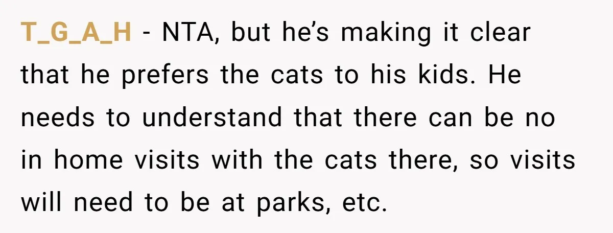 T_G_A_H − NTA, but he’s making it clear that he prefers the cats to his kids. He needs to understand that there can be no in home visits with the...