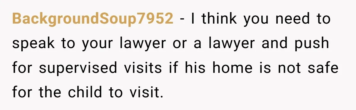 BackgroundSoup7952 − I think you need to speak to your lawyer or a lawyer and push for supervised visits if his home is not safe for the child to visit.