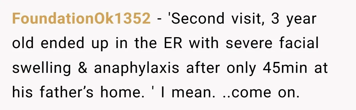 FoundationOk1352 − 'Second visit, 3 year old ended up in the ER with severe facial swelling & anaphylaxis after only 45min at his father’s home. ' I mean. ..come on.