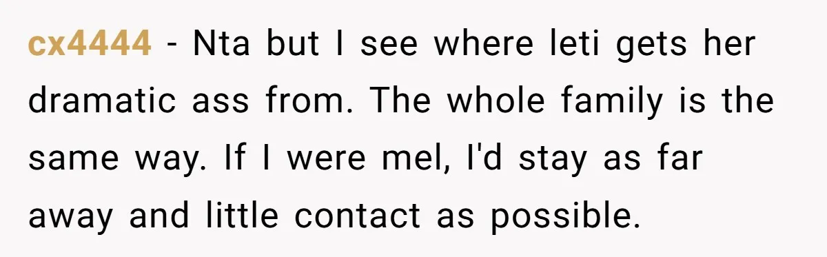 cx4444 - Nta but I see where leti gets her dramatic ass from. The whole family is the same way. If I were mel, I'd stay as far away and...
