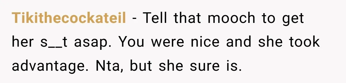 Tikithecockateil − Tell that mooch to get her s__t asap. You were nice and she took advantage. Nta, but she sure is.