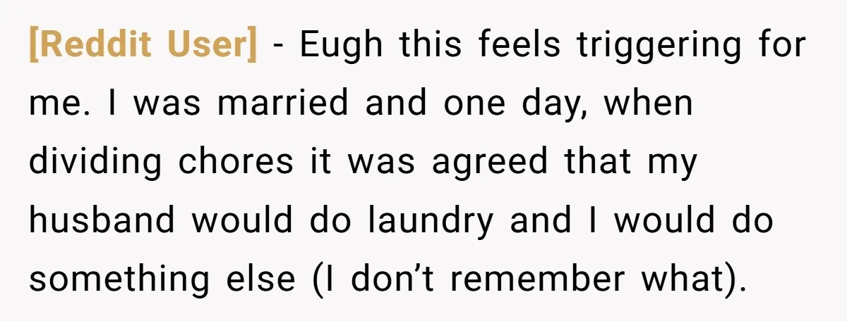[Reddit User] − Eugh this feels triggering for me. I was married and one day, when dividing chores it was agreed that my husband would do laundry and I would...