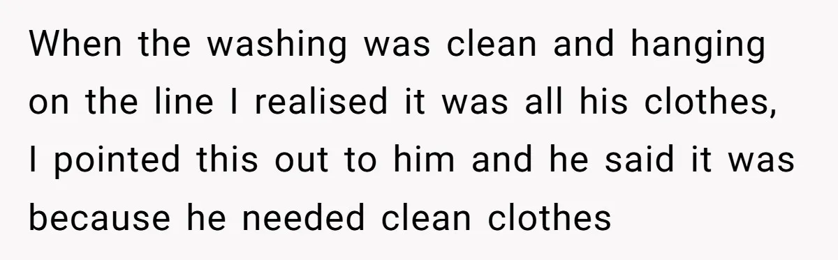 When the washing was clean and hanging on the line I realised it was all his clothes, I pointed this out to him and he said it was because he...