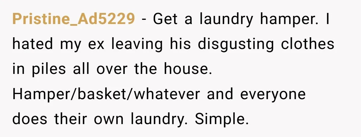 Pristine_Ad5229 − Get a laundry hamper. I hated my ex leaving his disgusting clothes in piles all over the house. Hamper/basket/whatever and everyone does their own laundry. Simple.