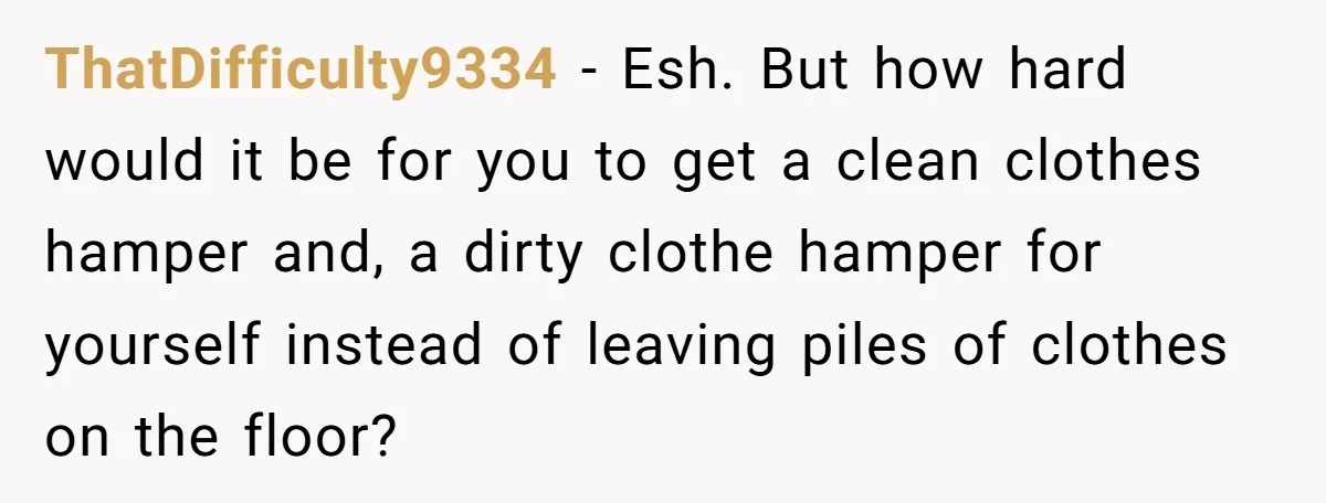 ThatDifficulty9334 − Esh. But how hard would it be for you to get a clean clothes hamper and, a dirty clothe hamper for yourself instead of leaving piles of clothes...