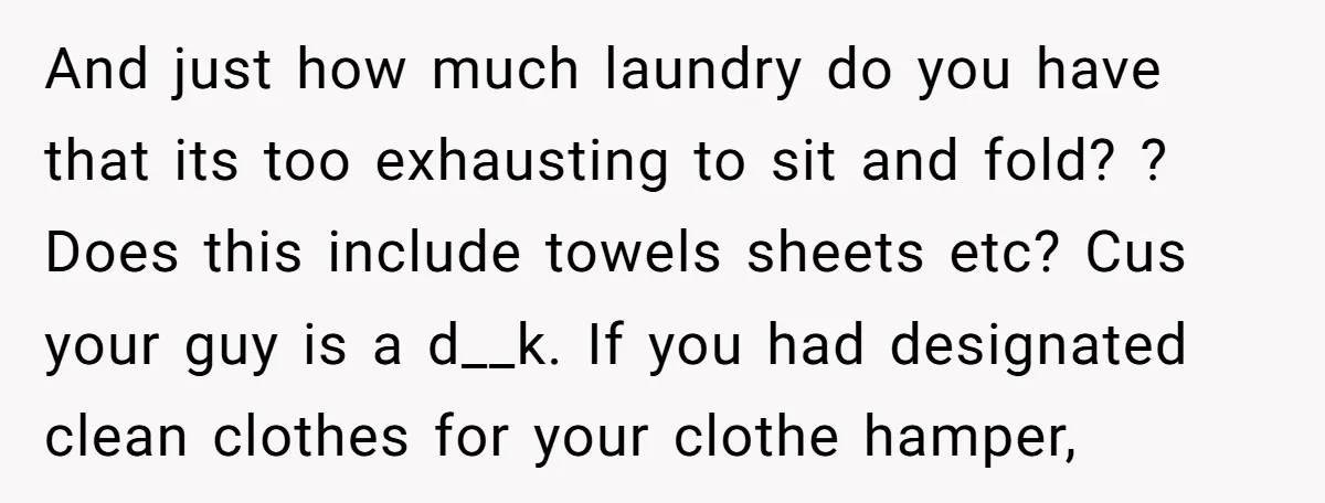 And just how much laundry do you have that its too exhausting to sit and fold? ? Does this include towels sheets etc? Cus your guy is a d__k. If...
