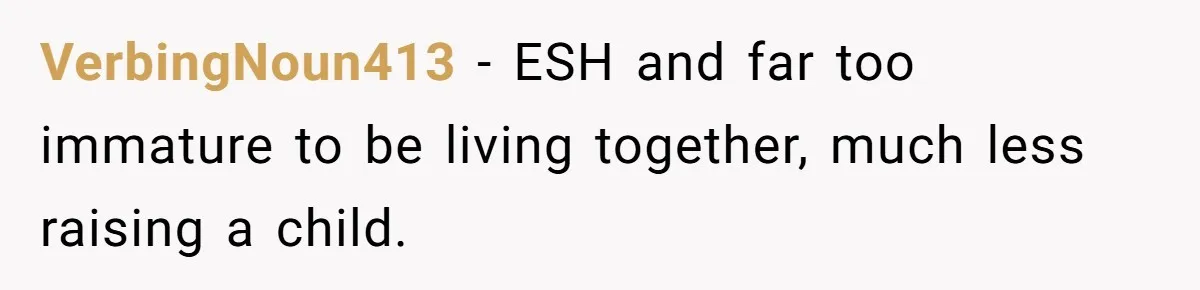 VerbingNoun413 − ESH and far too immature to be living together, much less raising a child.