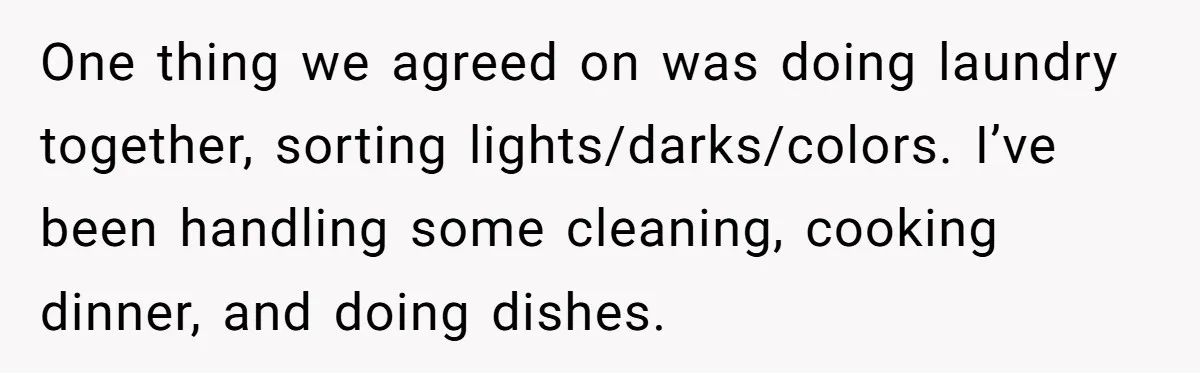One thing we agreed on was doing laundry together, sorting lights/darks/colors. I’ve been handling some cleaning, cooking dinner, and doing dishes.
