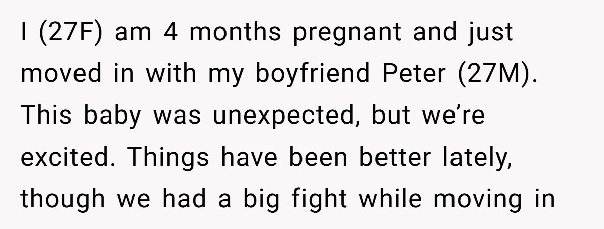 I (27F) am 4 months pregnant and just moved in with my boyfriend Peter (27M). This baby was unexpected, but we’re excited. Things have been better lately, though we had...