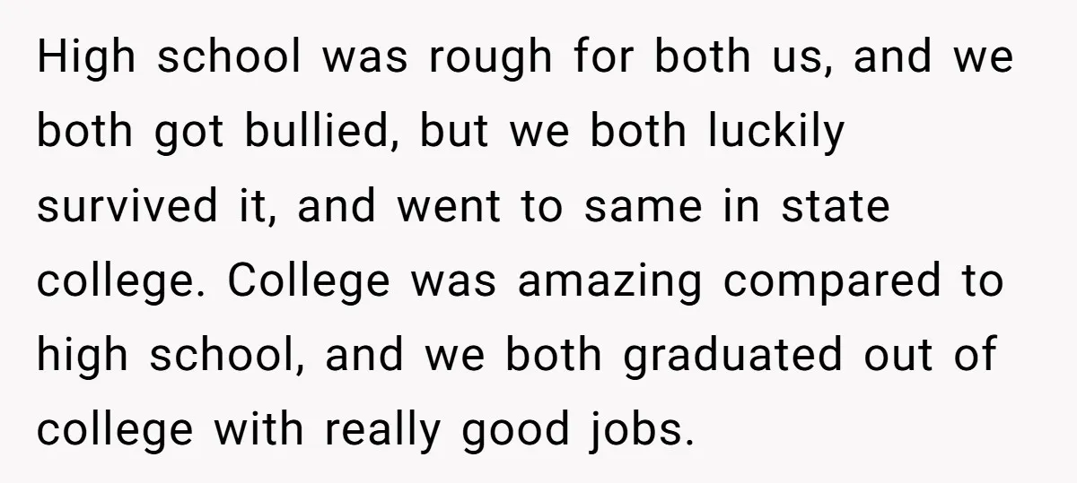 High school was rough for both us, and we both got bullied, but we both luckily survived it, and went to same in state college. College was amazing compared to...