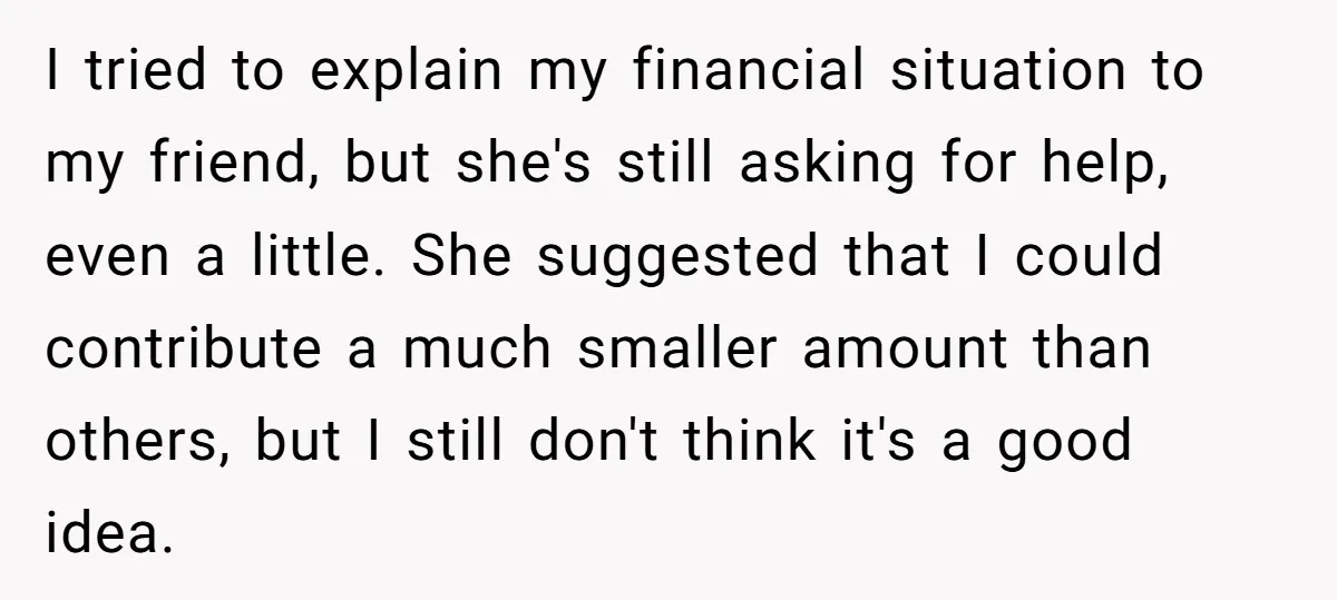 I tried to explain my financial situation to my friend, but she's still asking for help, even a little. She suggested that I could contribute a much smaller amount than...